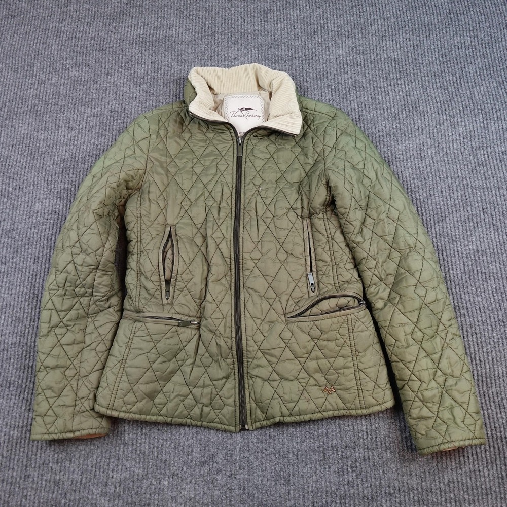 Thomas Burberry Jacket Womens Small Green Quilted Full Zip Pockets Lined